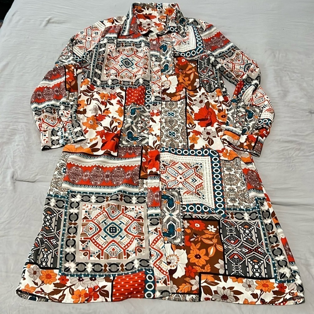 SHEIN Boho Print Button Down Shirt Dress